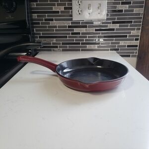 Cast Iron Skillet 8in Non Stick Enameled Red Fry Pan Kitchen Camping Grill Oven